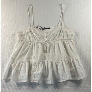 Zara White Eyelet Lace Cotton Boho Festival Peasant Sleeveless Tank Top Size LG